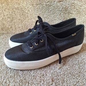 Keds Womens CVO Black Matallic Twill Lace Up Platform Sneaker Size 9.5